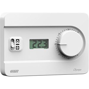 VEMER VE757900 OLYMPO LCD – Termostato Calefacción de Pared, Pantalla LCD y Pomo de Ajuste, Alimentación 230V, Blanco