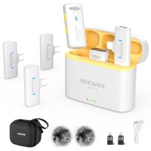 NEEWER Micrófono Lavalier Inalámbrico Sistema para iPhone USB C Mini Clip on Mic Solapa con 2x Transmisor/4x Receptor/Adaptador OTG 200m Alcance Compatible con Android Tablet PC, Blanco, KM20