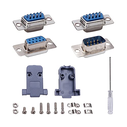 VooGenzek 5 Juegos Conector de Serie DB9, con Capucha de Plástico/Carcasa, Conector Tipo Soldadura de RS232 Macho Hembra 9-Clavijas D-Sub, para Conexión de Computadora