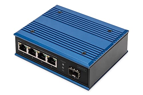 DIGITUS Conmutador de Red PoE - Gigabit Ethernet de 5 Puertos - 4X RJ45 + 1x Puerto SFP - No gestionado - 10/100/1000 Mbit/s - Montaje en Carril DIN y en Pared - IP40 - Serie Industrial - Azul