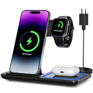 Cargador inalámbrico, estación de carga inalámbrica 3 en 1, soporte de carga inalámbrico rápido para iPhone 16/15/14/13/12/11/Max/XS/XR/X/8/Plus, Apple Watch 8/7/6/5/4/3/2/SE, AirPods 3/2