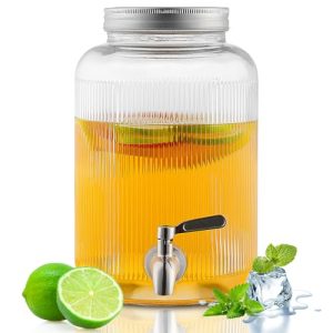 Evanda Dispensador de bebidas de vidrio con grifo de acero inoxidable a prueba de fugas, Dispensador de bebidas heladas de 4L, Dispensador de bebidas para tetera de frutas para hacer té helado