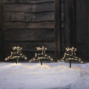 Lights4fun Juego de 3 Estacas Luminosas a Reno con 90 Micro LED Blanco Cálido a Pilas con Temporizador Decoración Navideña para Exterior