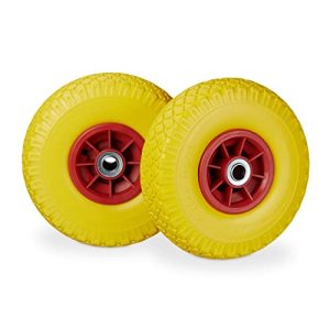 Relaxdays 2X Ruedas de Carretilla, Neumáticos de Goma, 3.00-4, Eje de 20mm, hasta 80 kg, 260×85 mm, Amarillo-Rojo