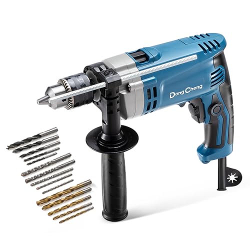 DongCheng - Taladro de percusión (710 W, 13 mm, taladro de percusión, 45,000 IPM, 3000 RPM con 15 coronas de perforación para metal, madera y hormigón