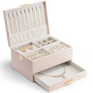 Vlando Joyero grande para mujer, almacenamiento extensible con bandeja, organizador de joyas con cajón para collares, anillos, pulseras, pendientes, madres y niñas, rosa