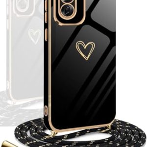 YAMCCCSE Funda para OPPO Reno 12 Pro 5G con Cuerda,Suave Silicona diseño de corazón con Chapado en Oro de Lujo,Case con Ajustable Colgante Cordon Colgar Collar Correa de Cuello Cadena Cordón