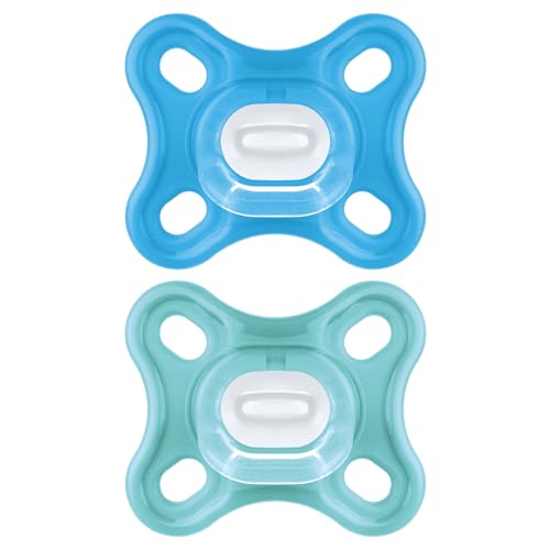 MAM Chupete Todo Silicona, 0-3 Meses, con Tetina Simétrica, Extra Pequeña y Cuello Delgado de Silicona Skin Soft Silicone de Fácil Aceptación, con Caja Autoesterilizadora, MAM Comfort, Azul, 2uds