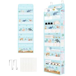 Clastyle Organizador Colgante Puerta Kids Animales Marinos Bolsa Almacenamiento Colgante para Pañales Ropa Juguetes Almacenaje Colgante para Dormitorio Baño Camping, Tortuga, 5 Bolsillos