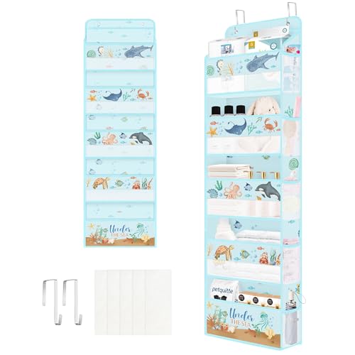 Clastyle Organizador Colgante Puerta Kids Animales Marinos Bolsa Almacenamiento Colgante para Pañales Ropa Juguetes Almacenaje Colgante para Dormitorio Baño Camping, Tortuga, 5 Bolsillos