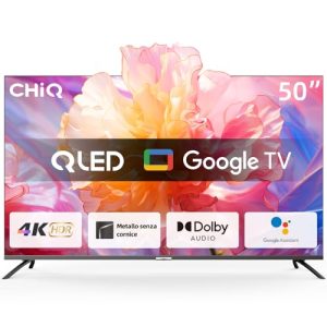 CHiQ Smart Google TV 4K QLED de 50 Pulgadas, Panel UHD con Amplia HDR, Control Remoto por Voz, Chromecast Integrado, Dolby Audio, DBX-TV, Bluetooth 5.0, Wi-Fi, Modelo U50QM8E de 2024