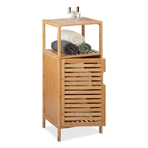 Relaxdays Mueble de Baño de Bambú, 87 x 36,5 x 33 cm, Estantería Aseo Estrecha con Puerta, 2 Baldas Abiertas, Natural