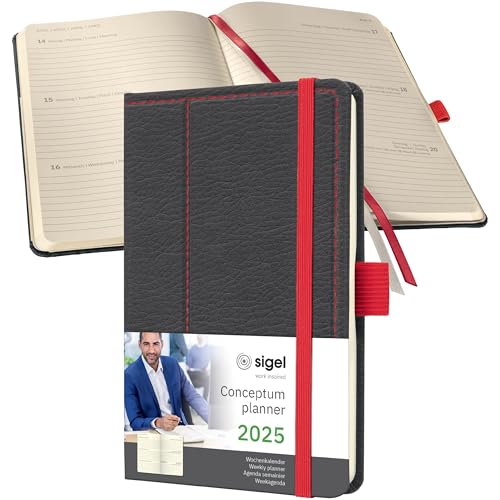 SIGEL C2556 Conceptum Agenda semanal 2025, diseño grey-red, 9,5 x 15 cm, tapa dura, 176 páginas, gris, rojo