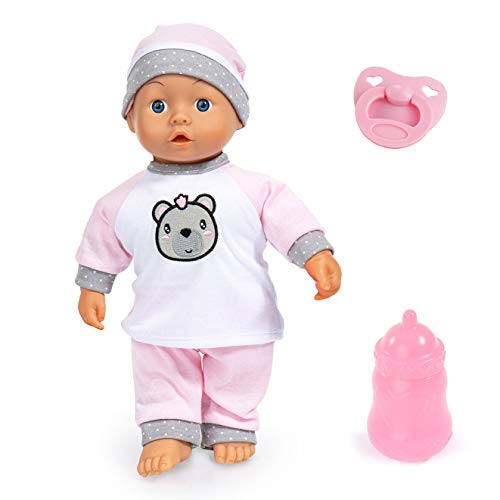 Bayer Design 93602AA Muñeca bebé, Kiss Baby, interactiva, Cierra los Ojos, Sonidos de bebés, da un Beso, con accessorios, Chupete y biberón, Rosa, Blanco, 36 cm