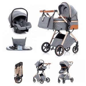 Kakbgee Cochecito 3 en 1 con Silla de Coche, Carrito bebé Plegable, Manillar 7 Alturas, Suspensión 4 Ruedas, Funda de Lluvia y Mosquitera, Sistema de Viaje para Recién Nacidos 0-3 Años 15kg,Gris claro