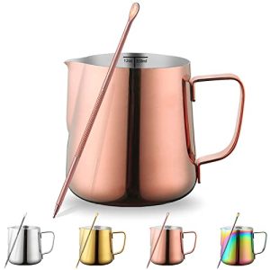 Kyraton Jarra De Espuma De Leche De 12 oz – 350 ml, Jarras De Vapor De Acero Inoxidable Con Bolígrafo Decorativo, Tazas De espuma De Café Con leche, Jarras De Vapor, Jarra De Leche (Oro rosa)