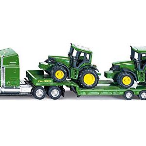 siku 1837, Camión de plataforma baja con dos tractores John Deere, 1:87, Metal/Plástico, Verde, Portón posterior plegable