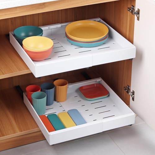 FUNYKICH Almacenamiento de cocina extraíble y deslizante, estantes extensibles sin perforación, para organización de gabinetes, despensa y baño, ancho ajustable de 32 a 52 cm