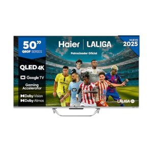 Haier QLED 4K UHD H50Q80FUX – 50″, Smart TV, Google TV, Dolby Atmos y Dolby Vision, HDR 10+, Smart Remote Control, Google Assistant, Bluetooth 5.1, DBX TV, HDMI 2.1 x 4, Sin Marcos, 2025
