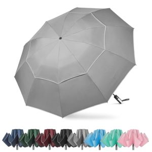 G4Free Paraguas invertido resistente al viento de 54 pulgadas con rayas reflectantes, paraguas de golf grande compacto para lluvia, 10 varillas, doble toldo, paraguas de viaje, cierre automático de