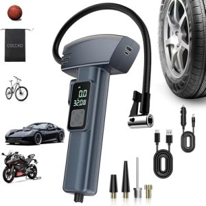 Compresor Aire Portátil,COCCKO 150 PSI Inflador Ruedas Coche,Martillo Rompevidrios y Cortador de Cinturón,Inflador Digital con Luz LED, Hinchador Electrico,para Auto, Moto, Bicicleta y Pelota