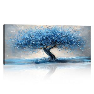 Marco de Madera Grande Abstracto Azul Gris Flor Árboles Cuadros Decoracion Salon Nature Árboles Paisaje Modernos Pintura Lienzos Decorativos Cuadros Decor Salón Dormitorio Comedor Oficina Listo 120×50
