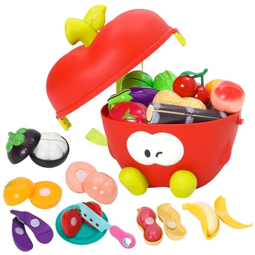 Comida de Juguete viene con una mochila en forma de manzana,Comida Juguete Cocinita Incluir Frutas,Cocina Juguete,Verduras de plástico y recipiente para almacenarla,Regalos para niños y niñas pequeños