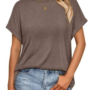 Cuptacc Camiseta Mujer Verano Cuello Redondo Manga Corta Oversize Básica Unicolor Café Gris Talla XL 46-48