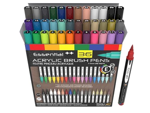 Lote de 36 rotuladores de pintura acrílica con punta de pincel suave de 1 a 7 mm para letras, pintura sobre roca, álbumes de recortes, vidrio, tazas, madera, metal, tela, plástico, no tóxicos, a base