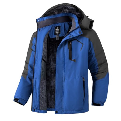 Wantdo Chaqueta de Esquí de Montaña para Hombre Abrigo de Invierno Impermeable con Capucha Cazadora de Snowboard Cálida Chaqueta al Aire Libre Antiviento Hombres Gris Oscuro y Azul-N L
