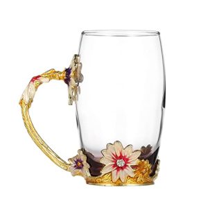 Decdeal 350 ML Taza de Té con Diseño de Flores, Esmaltada, de Cristal, Regalos Personalizados para Mujeres, Dia de la Madre, Hermanas, Cumpleaños, Navidad, San Valentín