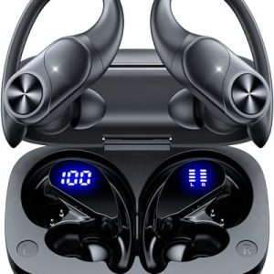 Auriculares Inalámbricos Bluetooth Deportivos 5.3 , 80h Autonomía, Doble Pantalla LED Batería, IPX7 Resistentes, Micrófono Integrado, Controles Físicos, Auriculares para Correr con Gancho de Oreja