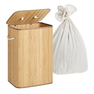 Relaxdays cesto Ropa Sucia con Tapa, 2 Compartimentos, bambú, 105 L, Plegable, 63×52×32 cm, Color Natural