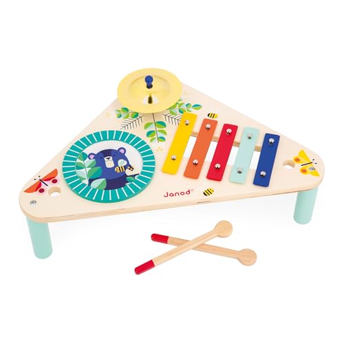 Janod - Mesa Musical de Madera Gioia - 3 Instrumentos Musicales Infantiles - Juguete de Imitación y Estímulo Musical - Pintura al Agua - A Partir de 12 Meses, J07655