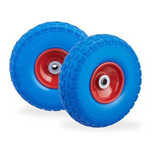 Relaxdays 2 Ruedas de Carro, Antipinchazos, Macizas, 4.10/3.50-4″, Eje de 16 mm, hasta 150 kg, 260x85mm, Azul/Rojo, Acero