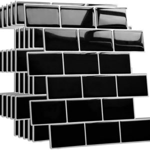 Yoillione Grueso Azulejos Adhesivos Cocina: 10-Piezas Baldosa Vinilo Cocina Pared – 3D Azulejo Metro Adhesivo, 30×30 cm (Negro)