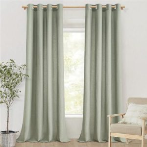 MRTREES Cortinas y Visillos de Dormitorio Juvenil Cortina Lino Translucida de Salon 2 Piezas Cortinas con Ojales para Habitaciones Infantiles, 140×225 CM, Verde Salvia