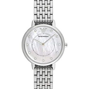 Emporio Armani Reloj Mujer, Movimiento de dos agujas, caja de acero de 28mm con correa de acero, AR2511, Tono plata y blanco perla