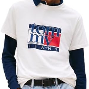 Tommy Jeans Camiseta de Manga Corta Hombre Slim Flag tee con Cuello Redondo, Marfil (Ancient White), L