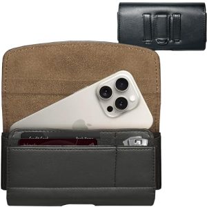 MyGadget Funda Móvil para Cinturón en Cuero Sintético – [ 16,7 x 9 cm – Talla L ] Estuche Porta Smartphone como Samsung Galaxy S9, Apple iPhone 11, 12 Pro – Negro