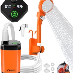 WADEO Ducha Portátil para Acampar, Ducha Móvil para Exteriores con Pantalla Digital Inteligente y Cabezal de Ducha, Ideal para Acampar, Viajar, Duchas para Perros y Lavar Autos (Tipo C, Naranja)