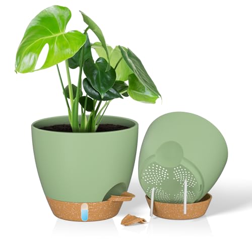 ZMTECH Vaso per Piante da 25 cm con Presa D'acqua Fioriere Autoinnaffianti con Fori Di Drenaggio e Sottovaso in Plastica per Piante da Interno e Da Esterno (Verde, Confezione da 2)