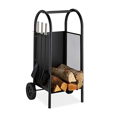 Relaxdays Leñero con accesorios de chimenea, Soporte portátil, Pala para cenizas, Cepillo & Atizador, Negro