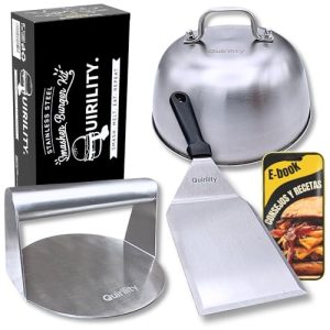 Quirility – Smash Burger Kit Profesional Premium de Acero Inoxidable con Certificado EU Contacto con Alimentos – Smasher Hamburguesa – Prensa Hamburguesa (Pro (3 Piezas))