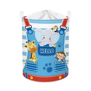 HUUMONSS Grande Cesta Ropa Sucia Bebe Animales Bolsillo Rayas para Chico Chica Elefante Mono Plegable Cestos Almacenaje Ropa Juguetes para Habitación Infantil Dormitorio, Azul, 63L