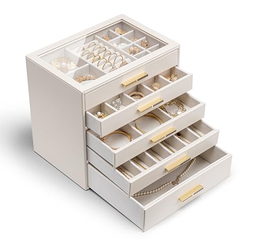 Vlando Joyero Grande, joyero con 5 niveles, organizador de joyas con tapa de cristal, 5 cajones, para collares, pendientes, relojes, pulseras, almacenamiento de joyas, moderno, Cinderella Plus, Beige