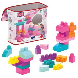 Mega Bloks Juego de construcciones 80 Piezas con Bolsa ecológica Rosa, Juguete bebé +1 año (Mattel DCH62)