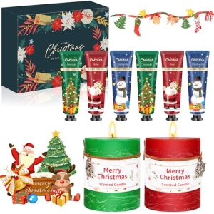 Crema de Manos navidad (pack de 6 x 30ml),regalos con Velas Aromáticas 2 x 128g,Crema para manos secas y agrietadas-Recupera las manos dañadas, reparadora no grasa con glicerina y vitamina E