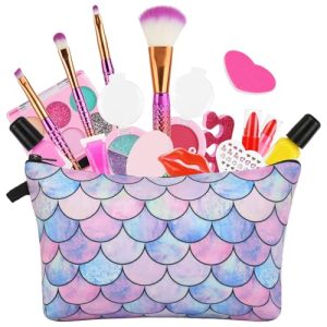 Aomig Maquillaje para Niñas, Juego de Maquillaje para Niños con Bolso sirena, Set de Maquillaje para Niñas Cosméticos Lavables, Juguete de Regalo de Cumpleaños y Navidad para Princesas