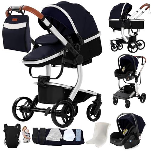 Aveainelle Cochecito 3 en 1 de Piel PU, Trío de Viaje Reversible Para Bebé, Cochecito Plegable con Un Solo Clic y Accesorios Completos, Modos de Freno Dual para Ruedas Delanteras y Traseras (YG)